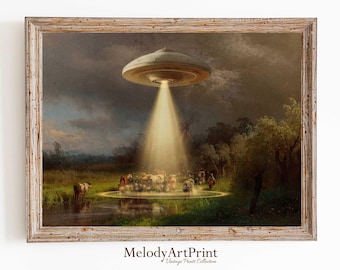 UFO Cow Abduction Art: Funny Altered Vintage Print (Digital Download)