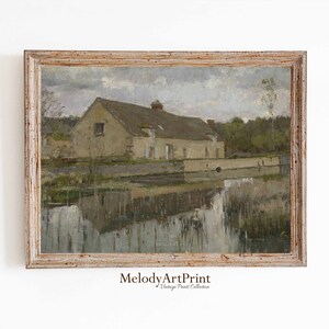 Vintage Landscape Oil Painting. Antique Neutral Wall Art, Rustic Muted Country Printable Art, Autumn Print, Digital Download