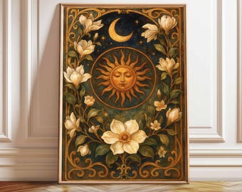 Sun Moon Stars Celestial Print: Vintage Floral Boho Wall Art (Digital Download)