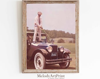 Vintage golfer en autofotografieprint: ingekleurde antieke muurkunst (digitale download)