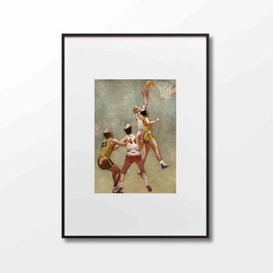 May include: A vintage illustration of four basketball players in action. The players are wearing yellow and red jerseys with numbers on the back. The player in the center is jumping to shoot the ball through the hoop.