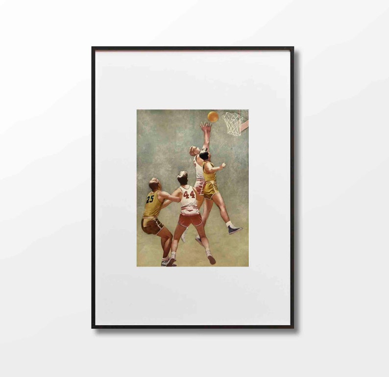 May include: A vintage illustration of four basketball players in action. The players are wearing yellow and red jerseys with numbers on the back. The player in the center is jumping to shoot the ball through the hoop.