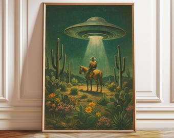 Impresión de OVNI vaquero: Arte vintage de ciencia ficción del Oeste (descarga digital)