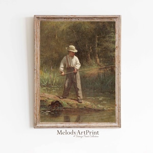 Boy Fishing Vintage Art Print, Antique Cabin Decor, Lake House Wall Art, Fishing Nursery Printable, Rustic Country Home Digital Download