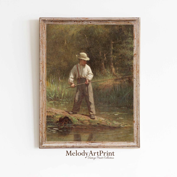 Boy Fishing Vintage Painting | Antique Art Print | Cabin Theme Decor | Fishing Boys Nursery Print | Lake House Wall Art | PRINTABLE Art