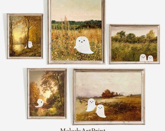 Cute Ghost Vintage Painting Prints, Halloween Gallery Wall Set (Digital Download)