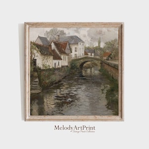 Quadratische druckbare europäische Kanal Vintage Malerei, stimmungsvoller Herbst Bauernhaus Fine Art, quadratische Wandkunst digitaler Download