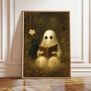 Cute Ghost and Black Cat in Forest, Vintage Halloween Wall Art, Ghost Reading Print, Spooky Dark Academia Decor, Instant Digital Download