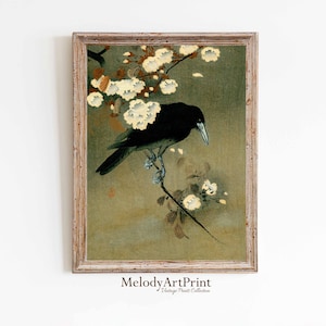 Black Raven Japanese Painting, Wall Art Home Decor, Raven Printable, Raven Poster, Dark Aesthetic Print, Vintage Halloween, Halloween Decor