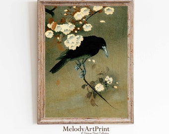 Peinture japonaise corbeau noir, art mural Halloween vintage (téléchargement numérique)