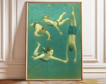 Green Abstract Swimmers Art Print: Minimalist Modern Wall Decor (Digital Download)