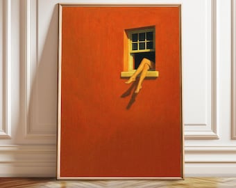 May include: A framed art print featuring a vibrant orange wall with a window. The window displays a pair of legs extending outwards. The artwork is set against a white wall with decorative molding and a wooden floor.