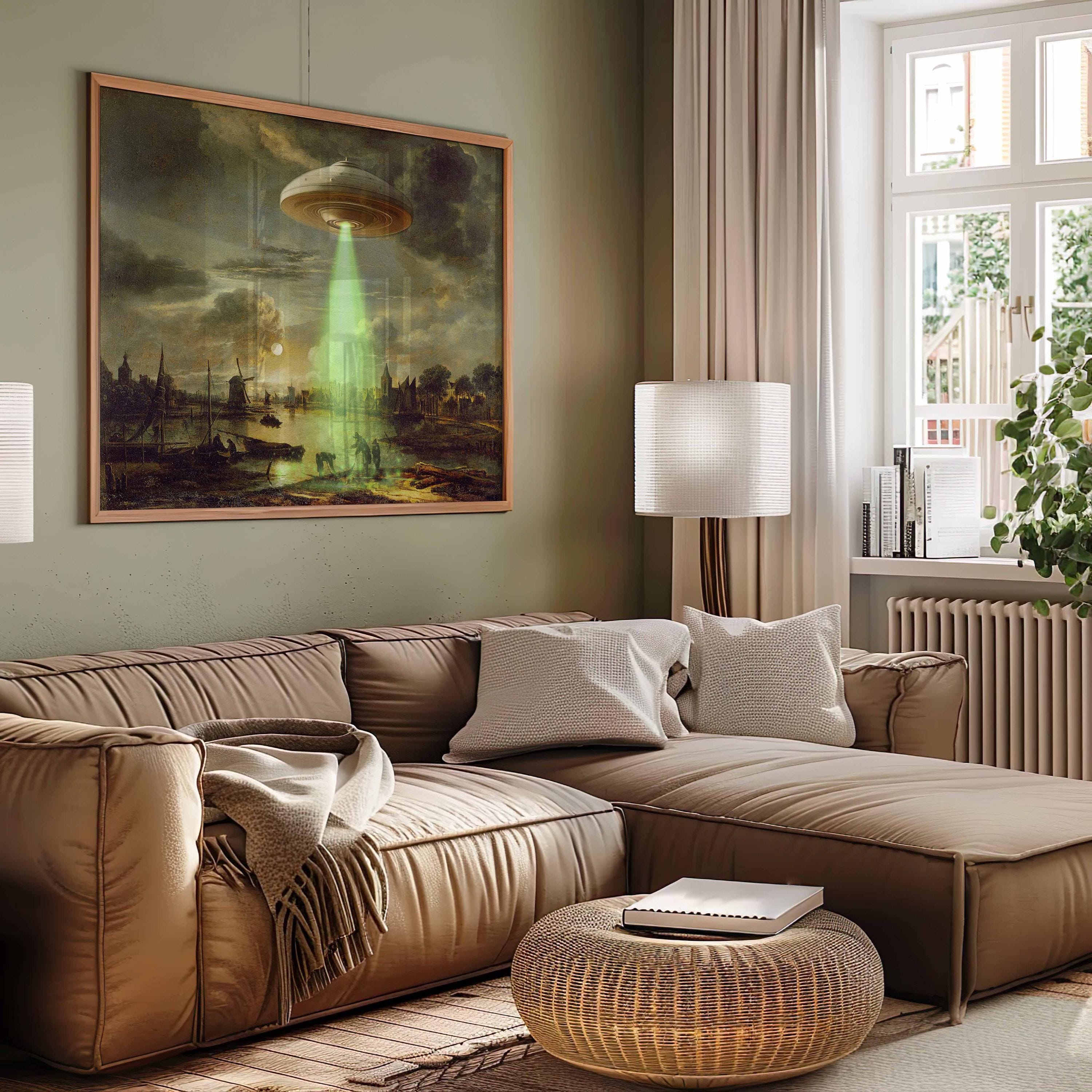 Funny UFO Print: Altered Vintage Coastal Landscape Art (digital