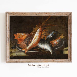 Printable Still Life Painting, Fish Still Life Prints, Vintage Food Print Digital Download, Fish Wall Art, Kitchen Wall Art Dining Decor