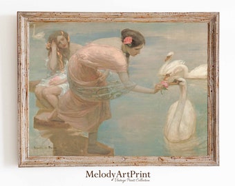 Vintage Swan Lake Painting: Victorian Woman Art (Digital Print)