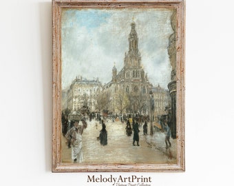Paris Vintage Street Scene Painting, Antique Cityscape Print (Digital Download)
