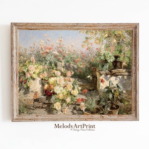 Summer Garden Vintage Painting Print, Landscape Wall Art, Roses Art Prints, Country Decor, Farmhouse Art, Printable Art, Melody Art Print