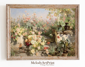 Vintage Rose Garden Painting Print: Farmhouse Landscape Art (Digital Download)