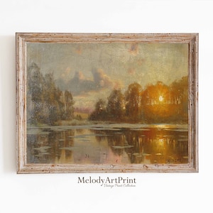 Wald See Sonnenuntergang Gemälde, Herbst Teich Druck, Herbst Landschaft Wandkunst, Vintage See Fine Art, druckbare Natur Dekor, digitaler Download