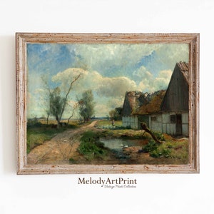 Rustic European Village Print, Country Cottage Art, Antique European Art, Vintage Country Painting, Vintage Landscape Print Digital Download