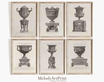 May include: Set of six vintage black and white prints featuring ornate urns with detailed engravings. Each print is framed in a simple gold frame and includes text describing the urn.