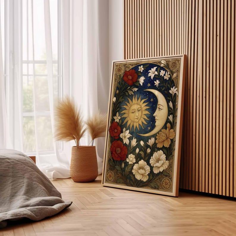 Sun and Moon Celestial Art Print: Vintage Floral Cosmic Wall Decor ...