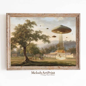 Victorian Landscape Funny Altered Art Print UFO Printable Wall Art Eclectic Print Alien Abduction Decor Art Prints Digital Download