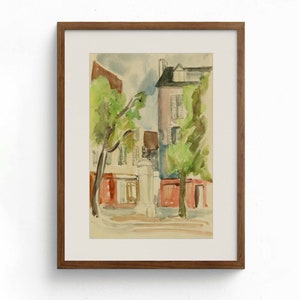 VINTAGE LAND Malerei, Retro europäisches Dorf Druck, Aquarell Kunst digitaler Download, druckbare Landschaftsmalerei