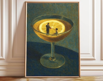 Surrealistiskt cocktailparkonsttryck: Nyckfull citronskivamålning (digital nedladdning