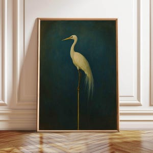 Japanese Crane Art Print, Vintage Bird Illustration Wall Decor, Japandi or Maximalist Style Poster, Antique Green Home Accent