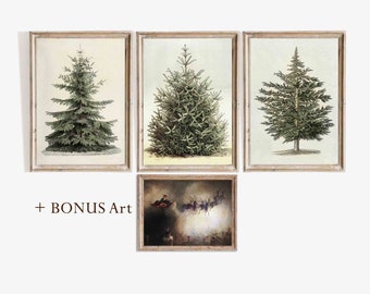 Vintage Christmas Tree Art Prints Set, Holiday Wall Decor (Digital Download)
