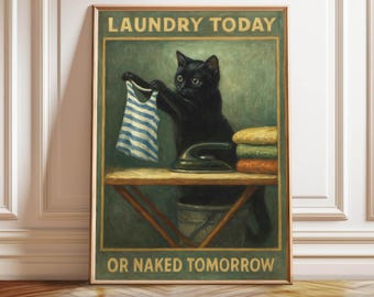Funny Laundry Cat Print: Vintage Bathroom Humor Art (Digital Download)