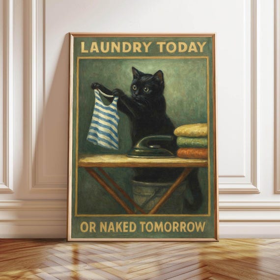 Funny Laundry Cat Print: Vintage Bathroom Humor Art (Digital Download)