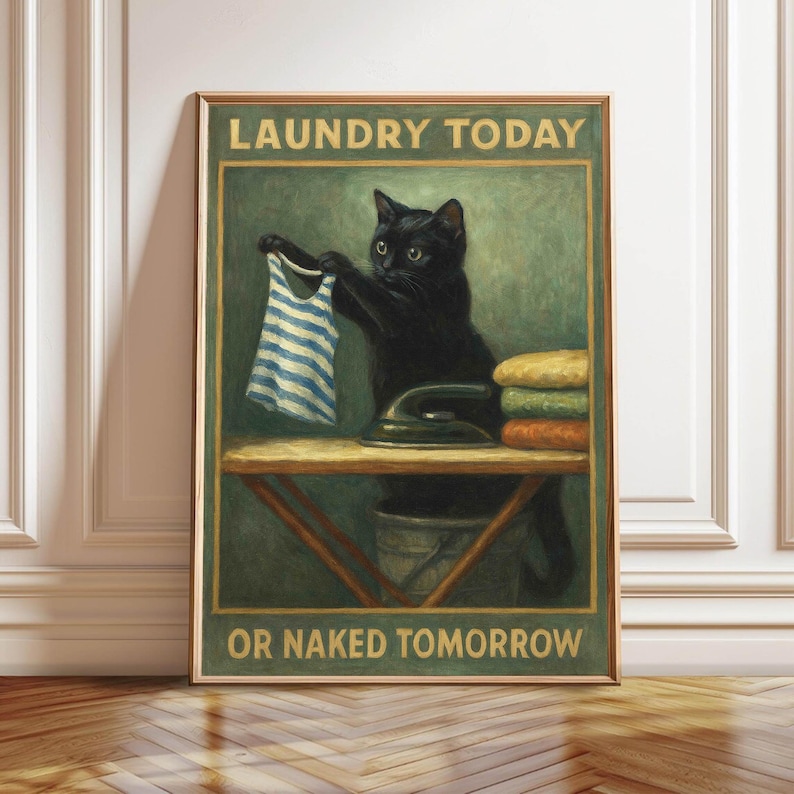 May include: A framed vintage-style print featuring a black cat holding a blue and white striped shirt. The cat stands near an ironing board with an iron and folded clothes. The text reads "LAUNDRY TODAY OR NAKED TOMORROW."