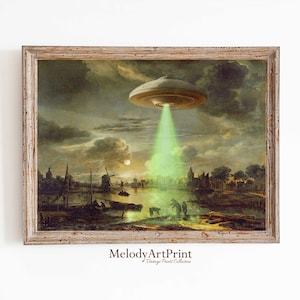 Altered Vintage Coastal Landscape Print, Ufo Art, Alien Abduction, Spaceship, Funny Vintage Aliens in Landscape, Alien Art, Digital Download