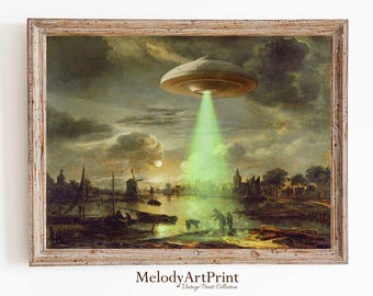 おもしろいUFOプリント：ヴィンテージ海岸風景画をアレンジ（デジタルダウンロード）