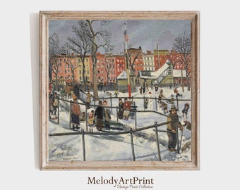 May include: A vintage painting depicting a snowy city park scene with people ice skating, playing, and walking. The painting is framed in a light wood frame.