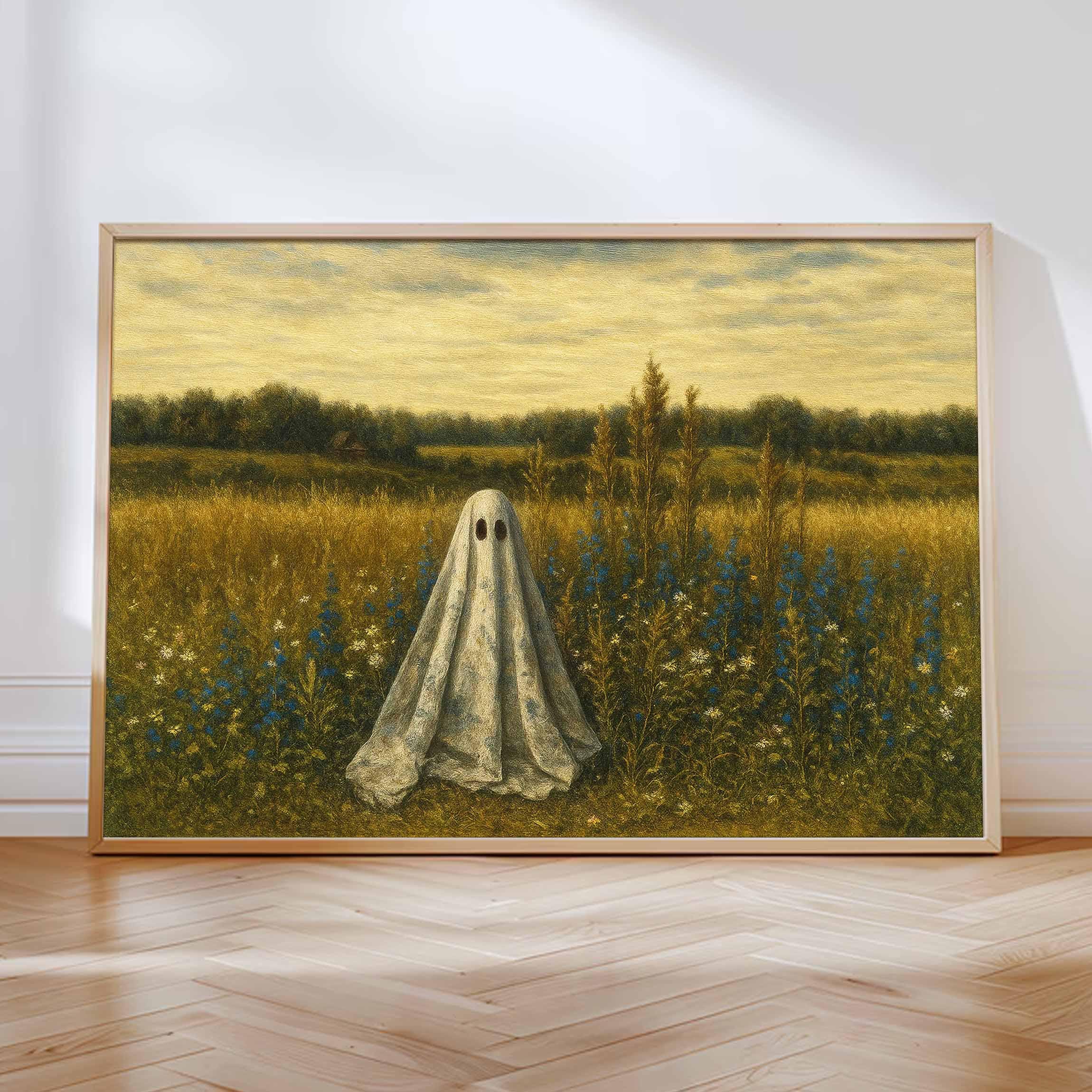 Ghost in Meadow Vintage Halloween Art Print | Spooky Autumn Decor ...