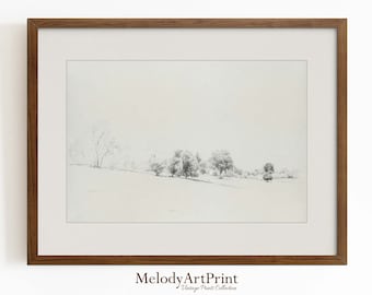 Vintage Landscape Sketch Art Print | Cottagecore Landscape Drawing Printable Art | Farmhouse Wall Art | Antique Sketch Digital Download