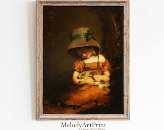 ウサギに餌をやる女の子のヴィンテージ絵画 | 子供の動物のポート