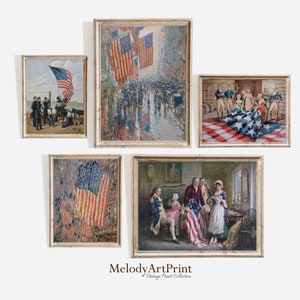 Conjunto de arte vintage para impressão de 4 de julho, decoração de parede de galeria patriótica, impressões da bandeira americana, Memorial Day, arte de parede do Dia da Independência
