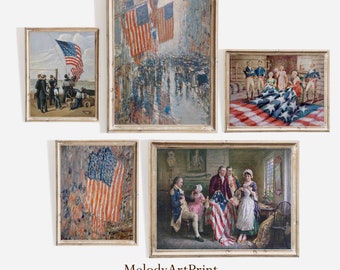 Vintage väggkonstset med 4 juli-motiv: Amerikanska flaggan (digital nedladdning)