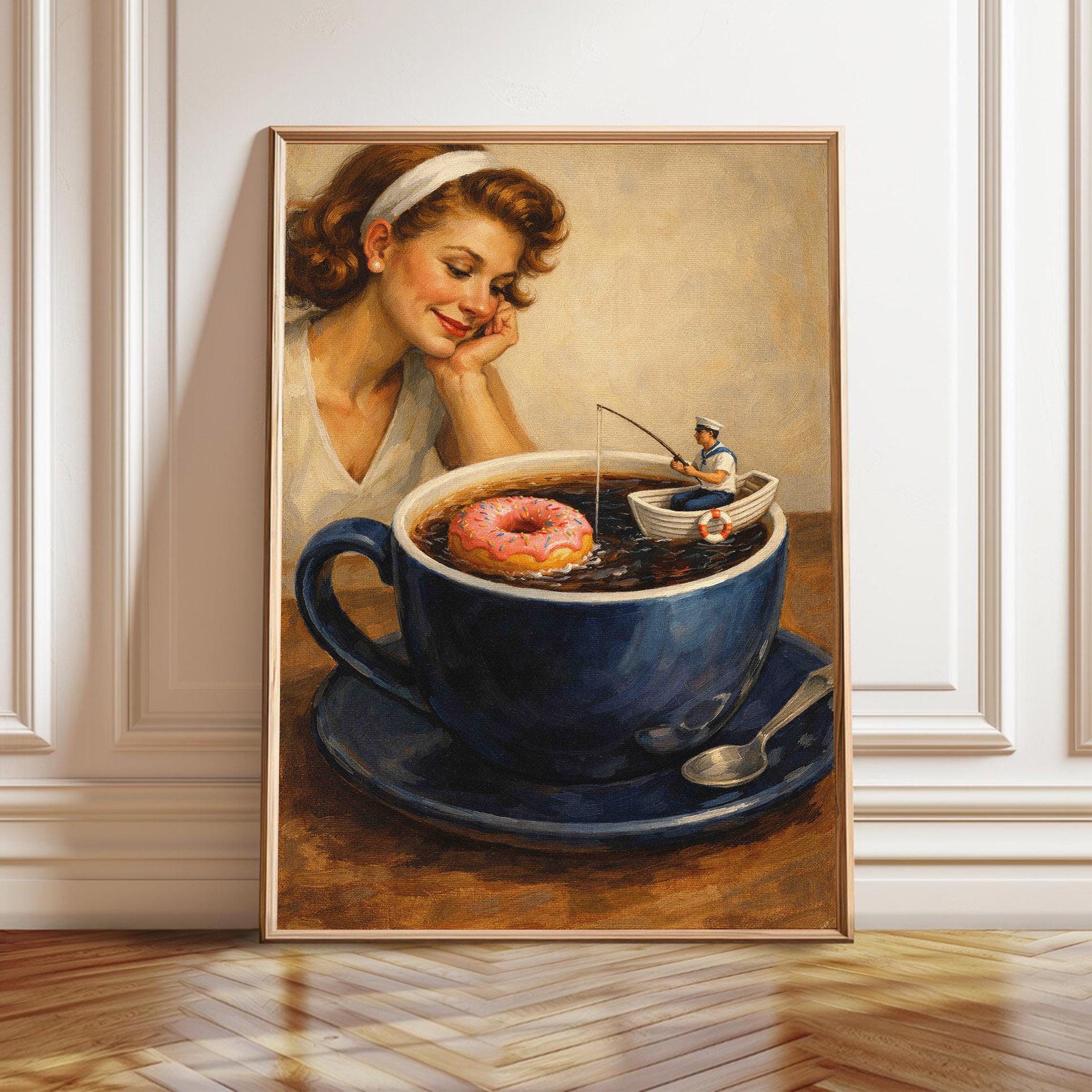 Surreal Coffee Cup Diver Print: Whimsical Kitchen Art (digital