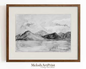 Vintage print berglandschap, zwart-wit schilderij (digitale download)
