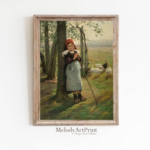 Girl with Goose Vintage Painting | Nursery Room Rustic Wall Art | The Goose Girl Print | Vintage Farmhouse painting | DIGITAL DOWNLOAD
