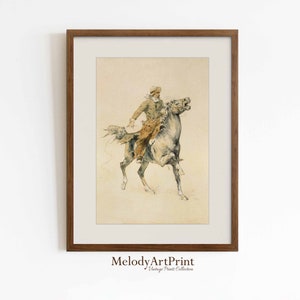 水彩カウボーイの肖像画、南西部の乗馬馬のプリント、西洋の壁画、モダンな農家のキャビンの装飾、デジタル印刷可能