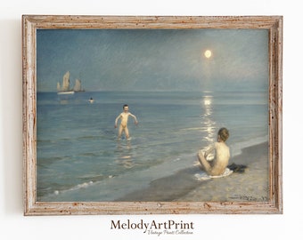 Vintage Beach Scene Art Print | Boys at Play, Coastal Nursery (Digital Download)