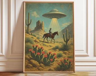 UFO Cowboy Desert Art Print: Retro Western Sci-Fi (Digital Download)