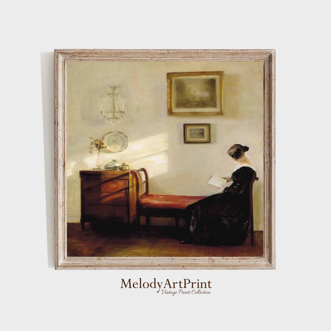 Square Painting Woman Reading Portrait, Antique Square Print, Moody Oil