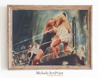 Puede incluir: Una impresión vintage de dos boxeadores en un ring de boxeo. La impresión está en un marco de madera y tiene un estilo de acuarela. Los boxeadores están en medio de una pelea, con un boxeador lanzando un golpe y el otro boxeador bloqueándolo. La impresión es un gran ejemplo de arte deportivo vintage.